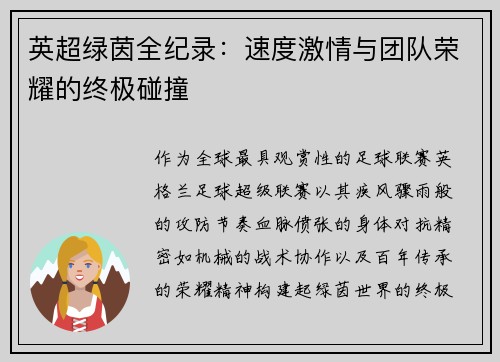 英超绿茵全纪录：速度激情与团队荣耀的终极碰撞