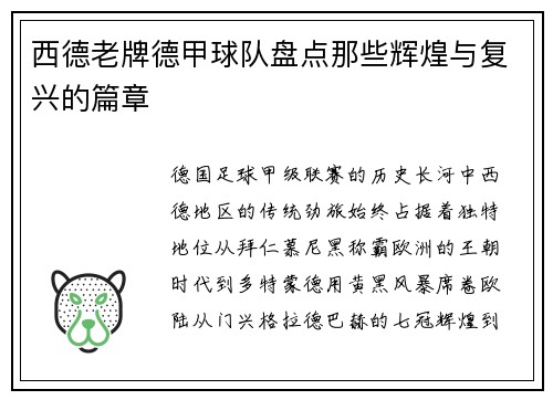 西德老牌德甲球队盘点那些辉煌与复兴的篇章