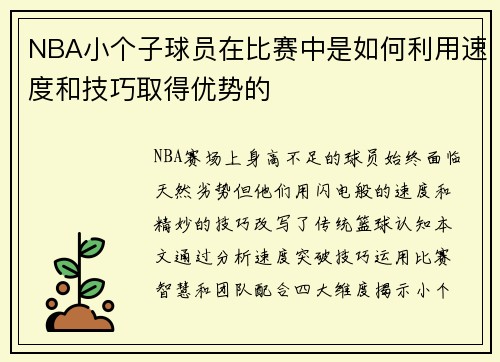 NBA小个子球员在比赛中是如何利用速度和技巧取得优势的